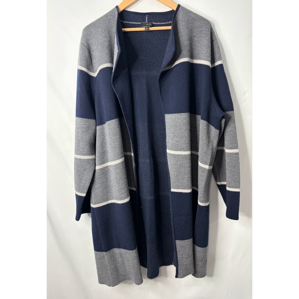 Talbots Pure Merino Wool Striped Long Open Cardigan 3X Navy Academia Nautical